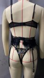 Women Sexy Black Embroidery Feathers Exotic Three Piece Bra Lingerie Set
