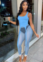 Set di pantaloni skinny a due pezzi a rete solida a vita alta senza maniche sexy blu da donna