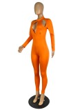 Women Spring Orange Sexy Turtleneck Full Sleeves Solid Hollow Out Skinny Jumpsuit