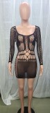 Erotic Lingerie Black Hollow Out Long Sleeve Midnight Dress