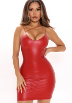 Vestito da mini club in pelle PU con cinturino sexy rosso estivo da donna