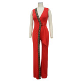Spring Elegant Red Plunge V Neck Sleeveless Formal Jumpsuit with Belt
