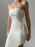 Women Summer White Romantic Halter Solid Slit Pleated Midi Dress