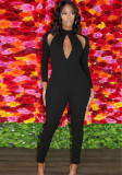 Women Spring Black Formal Turtleneck Full Sleeves Solid Hollow Out Skinny Jumpsuit