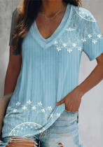 Damen Sommer bedrucktes böhmisches T-Shirt mit V-Ausschnitt und kurzen Ärmeln