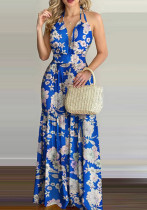 Women Summer Blue Sexy Halter Sleeveless Floral Print Backless Holidays Long Dress