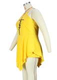 Women Summer Yellow Sexy O-Neck Sleeveless Print Mini Asymmetrical Plus Size Playsuit