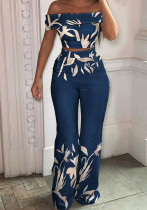 Conjunto de pantalones de pierna ancha de dos piezas con estampado Floral de cintura alta y mangas cortas con hombros descubiertos elegantes azules de verano para mujer