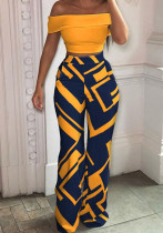 Set di pantaloni a due pezzi con gamba larga a due pezzi con stampa geometrica a vita alta a maniche corte eleganti gialle da donna