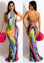 Vestido maxi estampado sin mangas halter sexy multicolor de verano para mujer