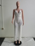 Women Summer White Elegant V-neck Sleeveless Solid Lace Backless Full Length Regular Straps Rompers