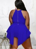 Women Summer Blue Sexy O-Neck Sleeveless Print Mini Asymmetrical Plus Size Playsuit