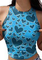 Frauen Sommer Blau O-Neck Hearts Print Short Crop Tanktops