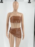 Women Summer Brown Sexy Strapless Sleeveless Low Waist Solid PU Leather Asymmetrical MiniTwo Piece Skirt Set