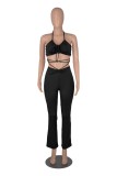 Summer Black Sexy Halter Sleeveless High Waist Solid Ruched Skinny Two Piece Pants Set