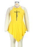 Women Summer Yellow Sexy O-Neck Sleeveless Print Mini Asymmetrical Plus Size Playsuit