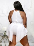 Women Summer White Sexy O-Neck Sleeveless Print Mini Asymmetrical Plus Size Playsuit