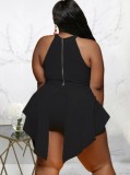 Women Summer Black Sexy O-Neck Sleeveless Print Mini Asymmetrical Plus Size Playsuit