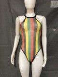 Women Summer Black Sexy Halter Sleeveless Striped Print Sheer Bodysuit