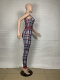 Women Summer Red Elegant Strap Sleeveless Plaid Print Full Length Regular Jumpsuit