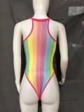 Women Summer Pink Sexy Halter Sleeveless Striped Print Sheer Bodysuit