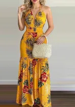 Women Summer Yellow Sexy Halter Sleeveless Floral Print Backless Holidays Long Dress