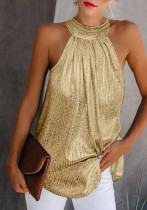 Damen Sommer Gold Romantic O-Neck Sleeveless Solid Regular Tops