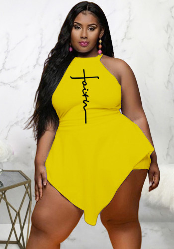 Mujer Verano Amarillo Sexy O-cuello Sin mangas Estampado Mini asimétrico Tallas grandes Playsuit