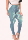 Women Spring Light Blue Straight High Waist Solid Ripped Full Length Jeans Pants