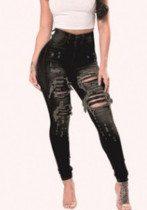 Calças jeans skinny femininas primavera retas pretas retas de cintura alta rasgadas de corpo inteiro