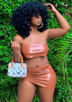 Women Summer Brown Sexy Strapless Sleeveless Low Waist Solid PU Leather Asymmetrical MiniTwo Piece Skirt Set
