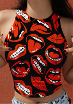 Camisetas sin mangas cortas con estampado de labios y cuello redondo negras de verano para mujer