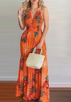 Женское летнее оранжевое сексуальное длинное платье без рукавов с цветочным принтом и открытой спиной
