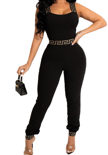 Women Summer Black Casual Strap Sleeveless Print Full Length Regular Jumpsuit