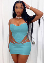 Women Summer Blue Sexy Strapless Sleeveless Low Waist Solid PU Leather Hollow Out Skinny MiniTwo Piece Skirt Set