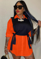 Vestido camisero holgado de dos piezas, color naranja, informal, con cuello vuelto, manga larga, color liso y chaleco negro