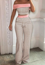 Women Summer Pink Elegant Off-the-shoulder Short Sleeves High Waist Plaid Print Pockets Two Piece Wide Legged Pants Set