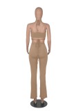 Women Summer Khaki Sexy Halter Sleeveless High Waist Solid Ruched Skinny Two Piece Pants Set