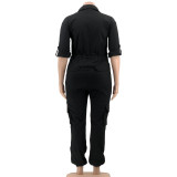 Spring Black Drawstrings Zipped Up Half Sleeve Plus Size Cargo Jumpsuit