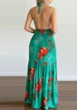 Women Summer Light Green Sexy Halter Sleeveless Floral Print Backless Holidays Long Dress