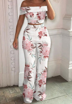Conjunto de pantalones de pierna ancha de dos piezas con estampado Floral de cintura alta de manga corta con hombros descubiertos elegante rosa de verano para mujer