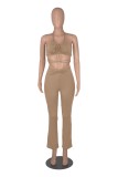 Women Summer Khaki Sexy Halter Sleeveless High Waist Solid Ruched Skinny Two Piece Pants Set