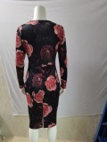 Spring Women Elegant Floral Printed V-neck Long Sleeve Slim Fit Formal Midi Dress