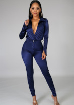 Women Spring Navy Sexy Turn-down Collar Long Sleeve Solid Two Piece Pants Set