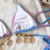 Women Printed Bikini Halter Tie Dye Tassel Chain Two Piece Swimwear