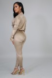 Women Spring Khaki Sexy Turn-down Collar Long Sleeve Solid Two Piece Pants Set