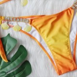 Women Orange Bikini Halter Tie Dye Tassel Chain Two Piece Swimwear