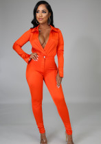 Femmes Printemps Orange Sexy Turn-down Collar Long Sleeve Solid Two Piece Pants Set