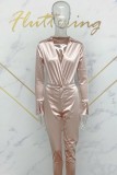 Women Spring Nude Sexy Turn-down Collar Long Sleeve Solid Two Piece Pants Set