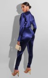 Women Spring Navy Sexy Turn-down Collar Long Sleeve Solid Two Piece Pants Set